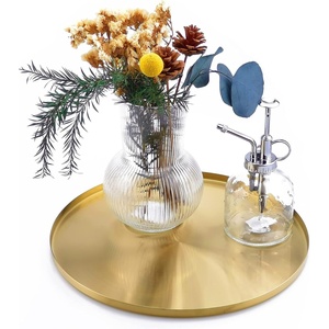 image:imageFREELOVE 12 Inch Brushed Gold Round Tray Stainless Steel Brass Decorative Tray for Coffee Table Vanity Bathroom Counter Dresser Candles Perfume Jewelry and Bar Cart DcorLight Gold