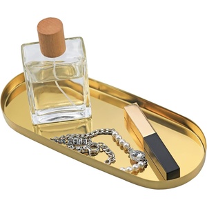 image:imageFREELOVE Mirror Gold Tray for Bathroom Vanity Perfume Small Brass Metal Decorative Trays Rectangle Round Oval Trinket for Napkin Glass Soap Sink Decanter Towel Candle Jewelry 59X15Mirror Gold Oval 37x9